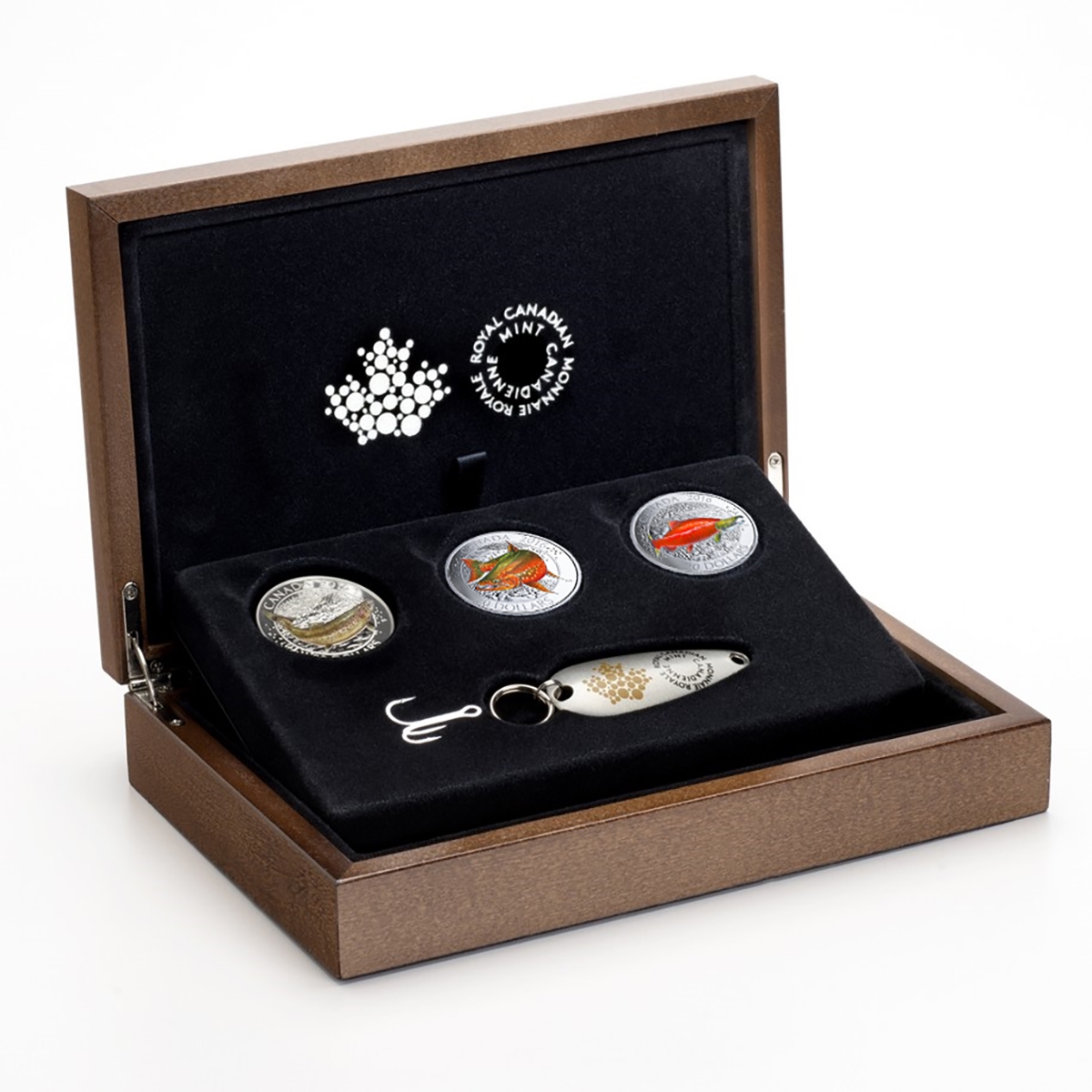 2016 $20 CANADIAN SALMONID - PURE SILVER COIN SET WITH DISPLAY CASE AND FISHING HOOK - Image 7