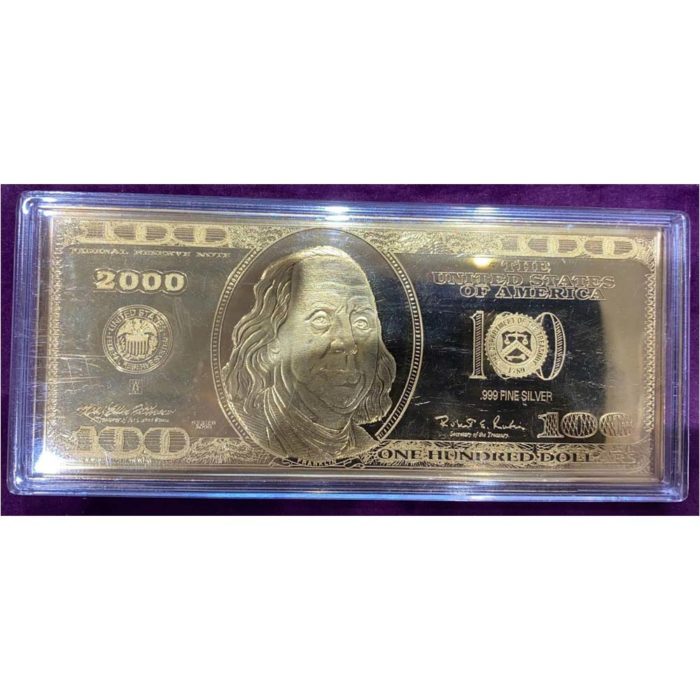 4 Oz Silver Bar 2000 Benjamin Franklin $100 Frn Note .999 Fine Silver 4 Oz Bar