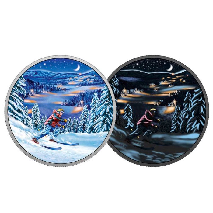 2017 $15 Great Canadian Outdoors: Night Skiing - Pure Silver Glow-in-the-Dark Coin [158360]