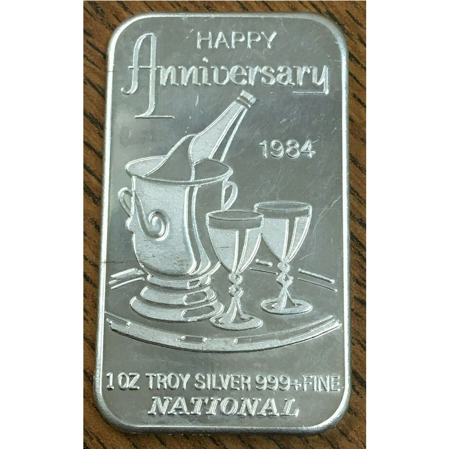 1 Oz Fine Silver Art Bar Happy Anniversary .999 National Mint 1984 Bullion Mart