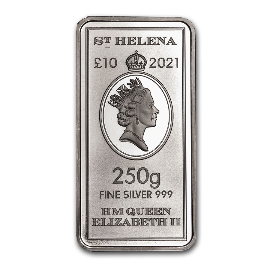 2021 St. Helena 250 gram Silver £10 East India Co Ship Coin Bar