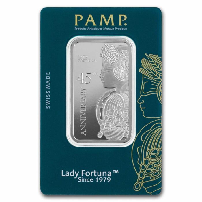 1 oz PAMP 45th Anniversary Lady Fortuna Silver Bar (In Assay)