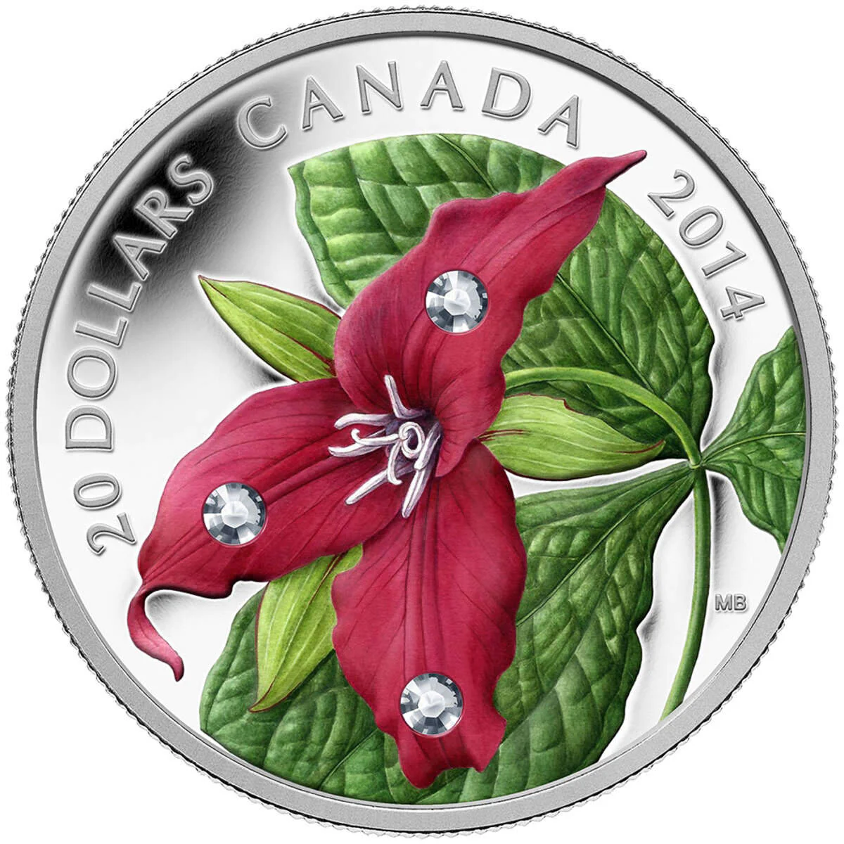 2014 $20 Red Trillium with Crystal Dew Drops - Pure Silver Coin