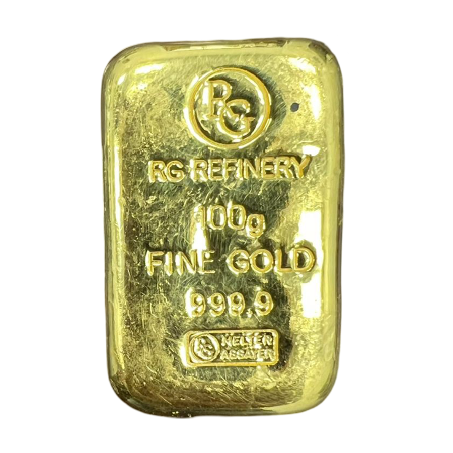 100 gram 0.999 Fine Gold Cast Bar - RG Refinery, UAE