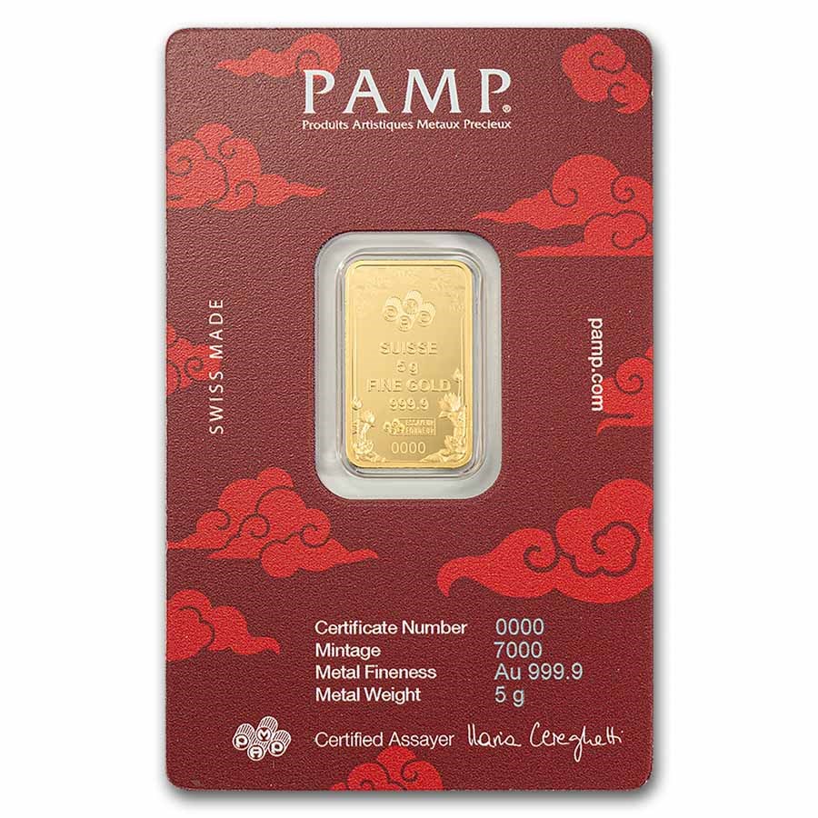 2025 5 gram Gold Bar - PAMP Good Luck: Yellow Dragon (In Assay