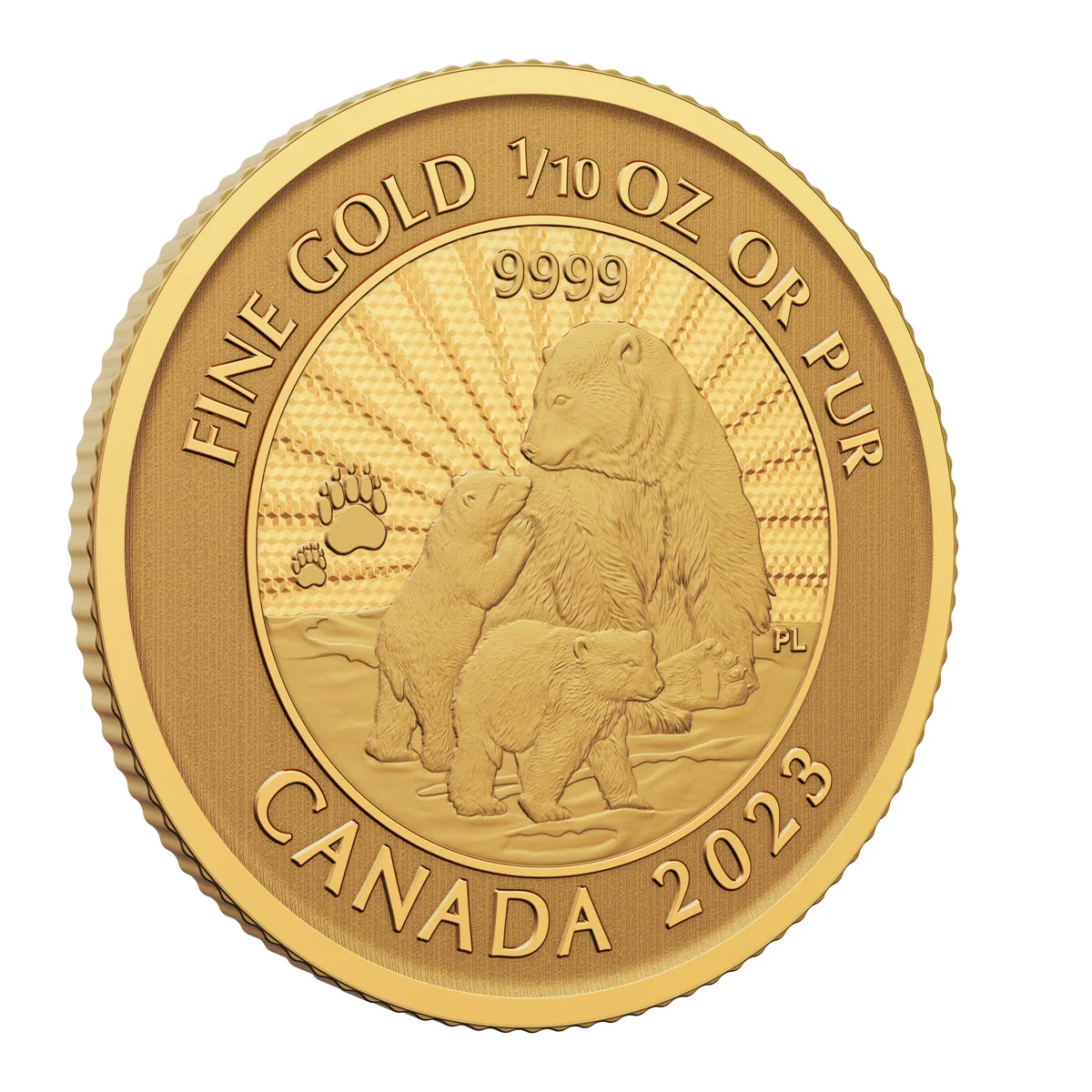 2023 $5 The Majestic Polar Bear and Cubs - Pure Gold Coin - Image 3